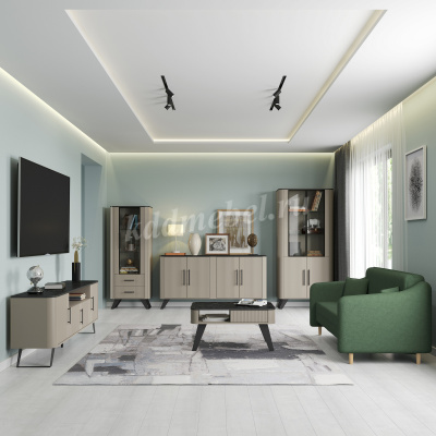 Шкаф-витрина Фиделия 76.02 (Серый камень/Грей/Мрамор черный)